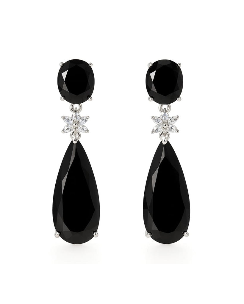 Black Stone Teardrop Earrings with Crystal Accents