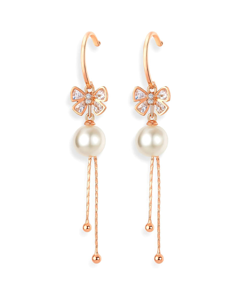 Rose Gold Bow Drop Earrings with Pearl and Crystal Accents