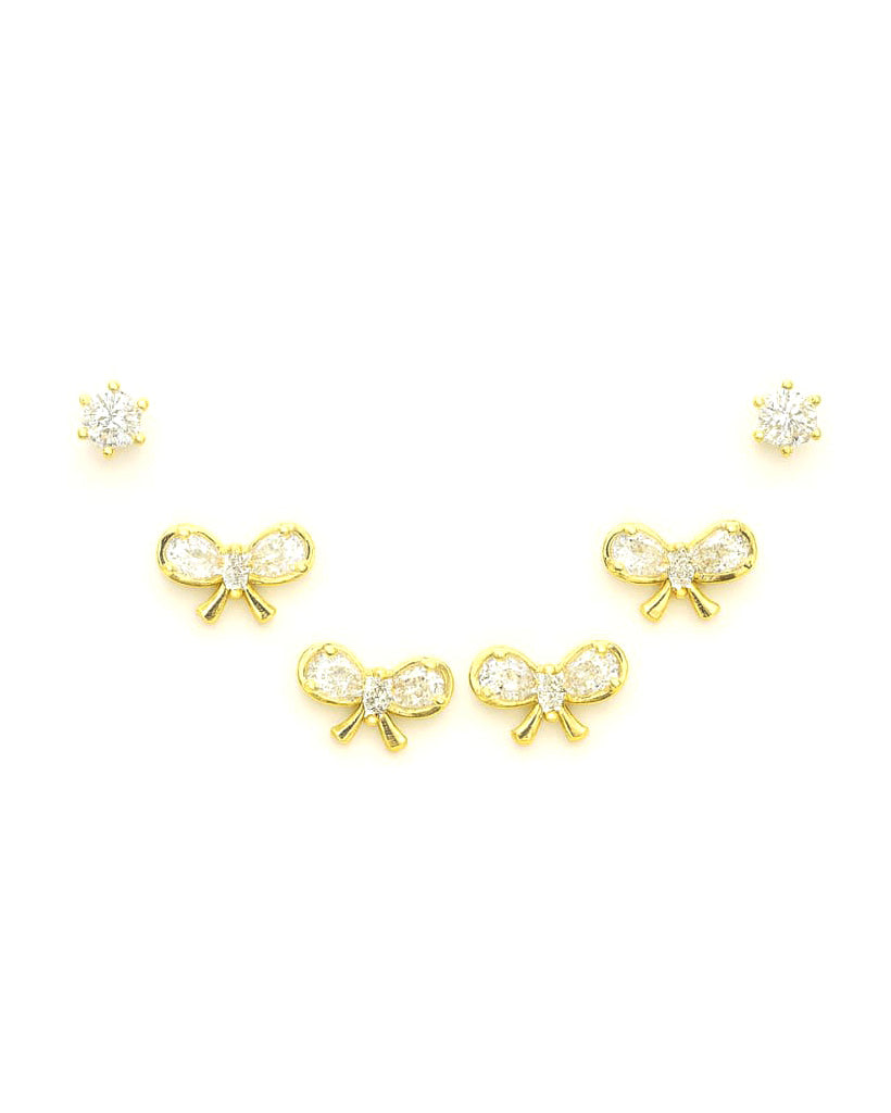 old Plated Earring Set with Bow and Crystal Studs