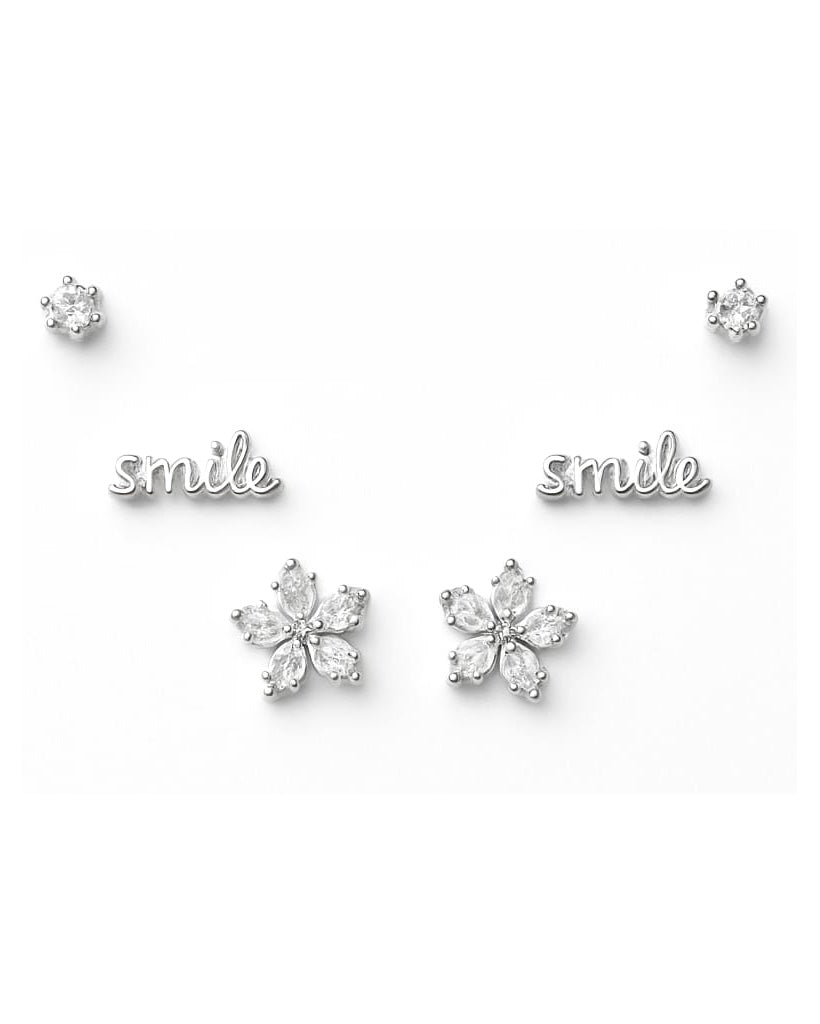 Silver Plated Earring Set with Smile and Floral Studs