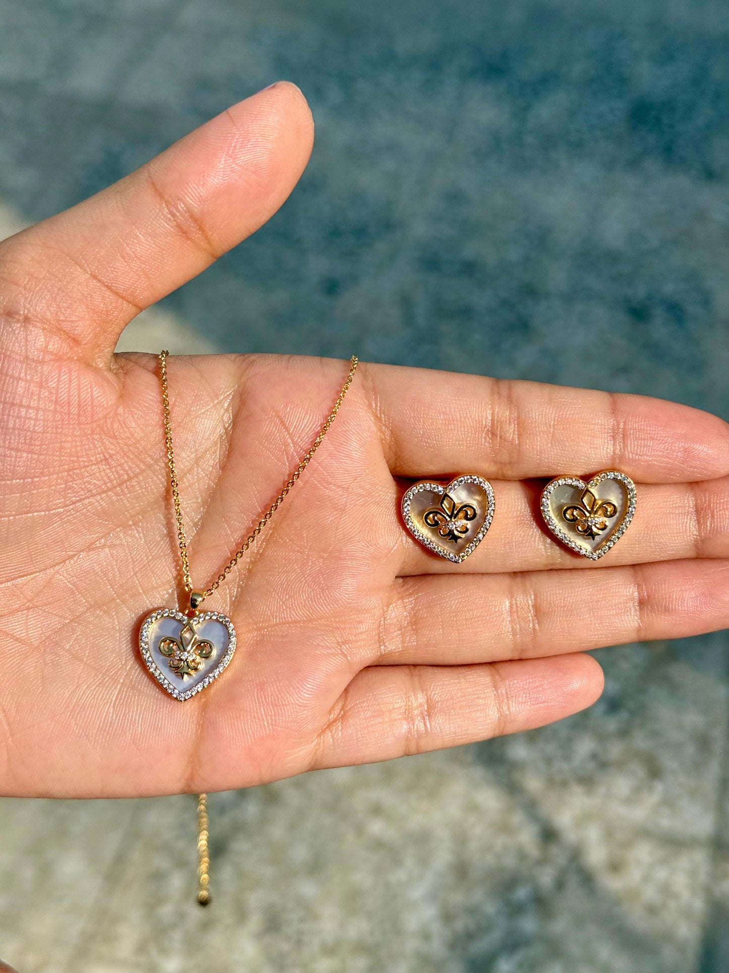 Sterling Gold Finish Heart Necklace & Earrings – Dazzling Crystal Design