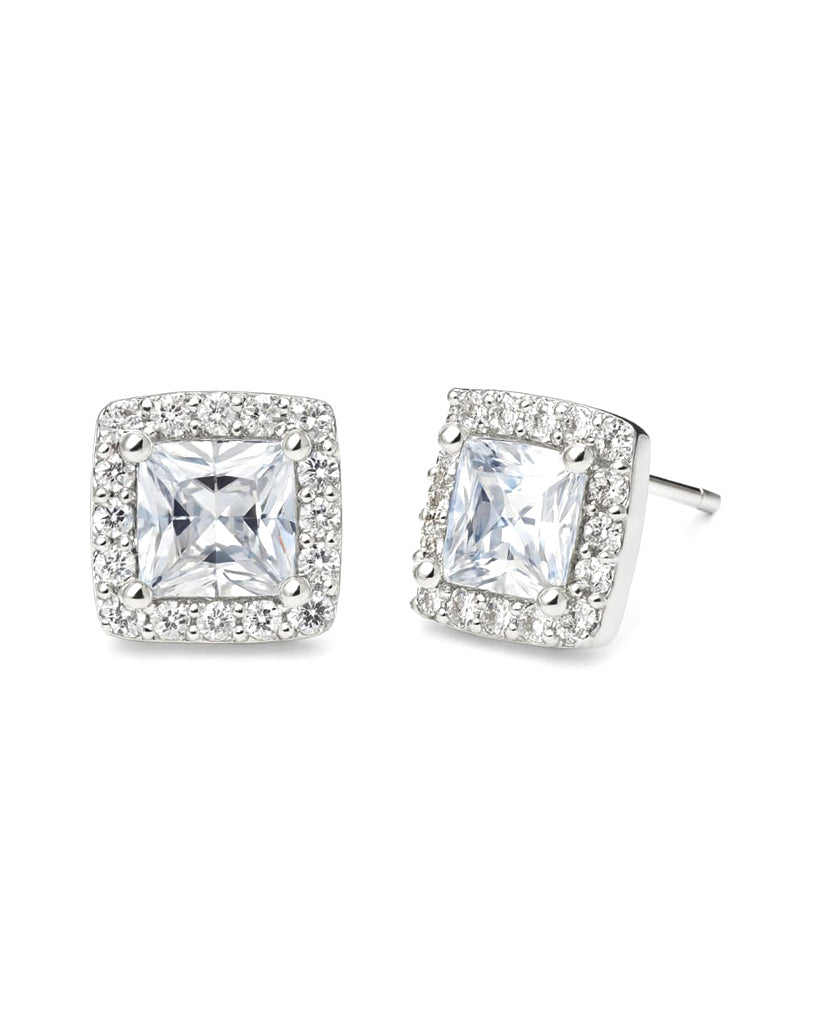 Square Crystal Stud Earrings with Sparkling Halo in Silver Tone