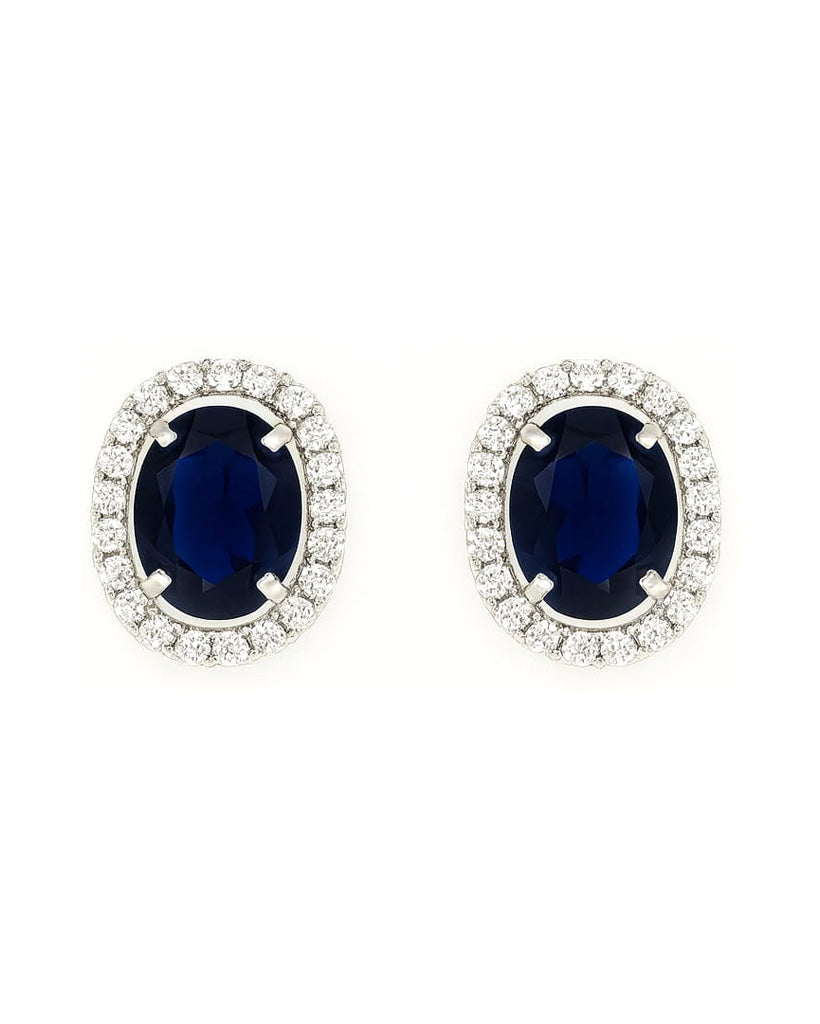 Classic Oval Navy Blue Stud Earrings with Crystal Halo