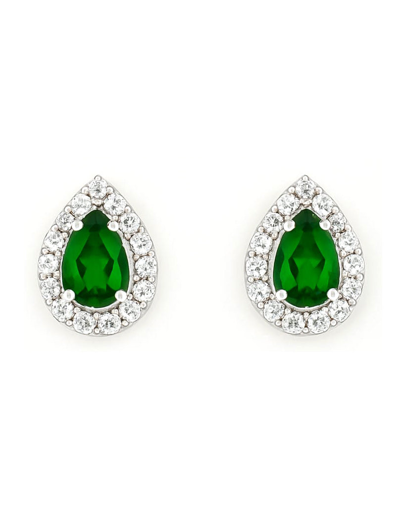 Teardrop Emerald Green Stud Earrings with Dazzling Crystal Halo