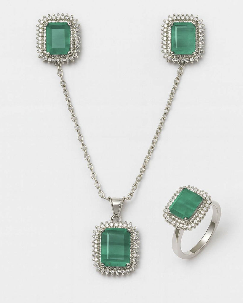 Luxury Emerald Green Necklace, Earrings & Ring Set – Silver Finish