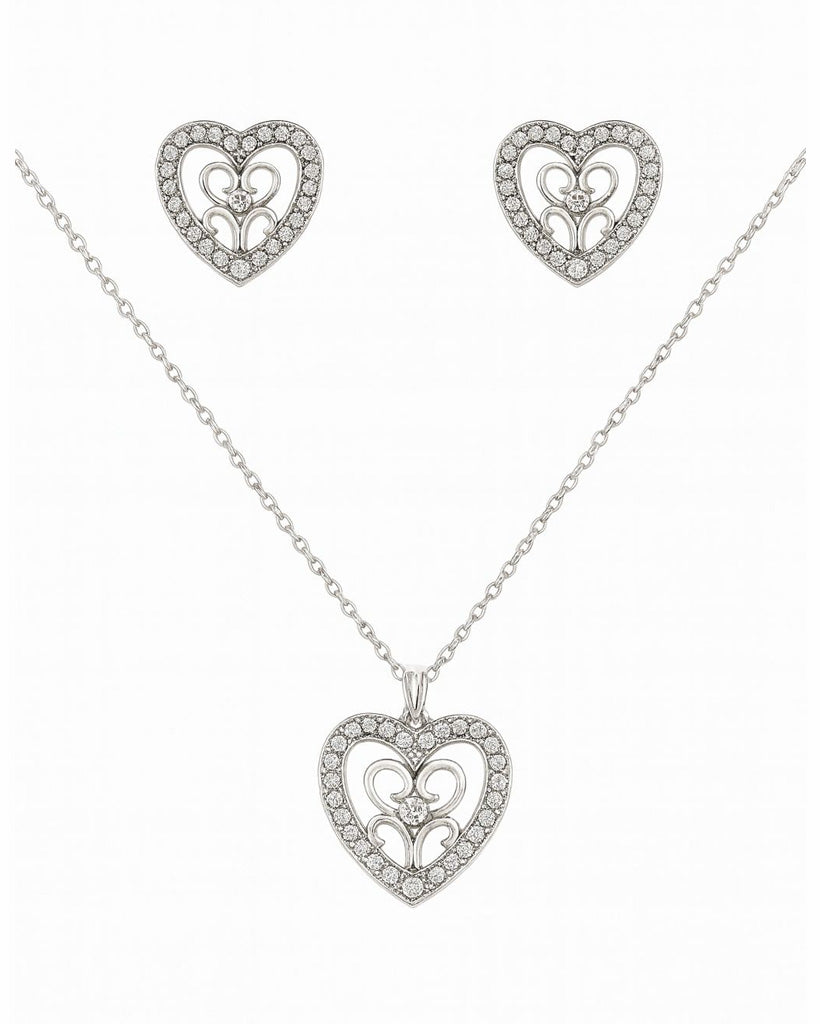 Sterling Silver Finish Heart Necklace & Earrings – Dazzling Crystal Design