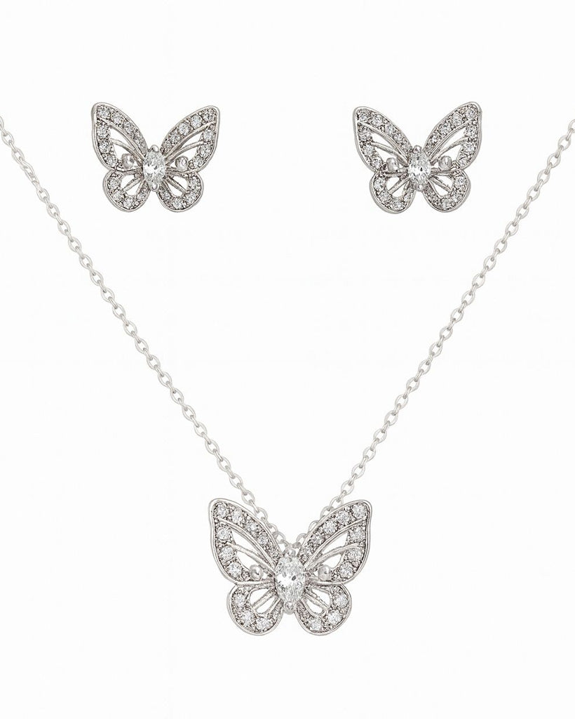 Luxury Silver Butterfly Jewelry Set – Crystal Necklace & Earrings