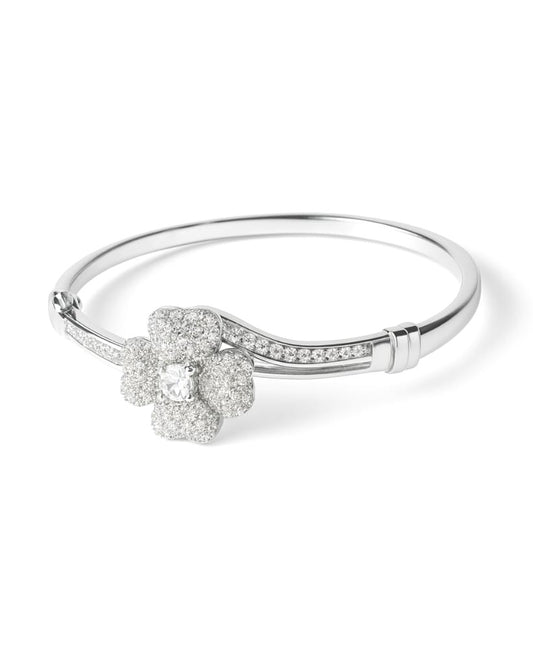 Silver Bangle with White Stone Floral Design