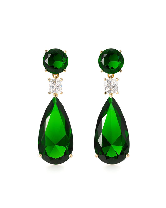 Green Stone Teardrop Earrings with Crystal Accents
