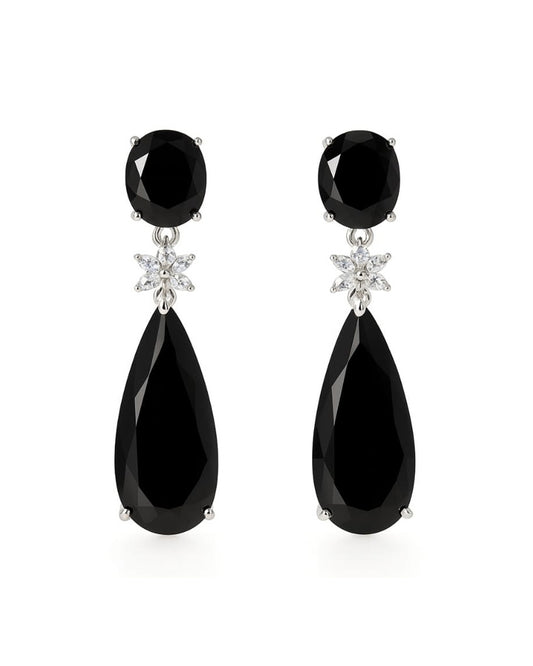 Black Stone Teardrop Earrings with Crystal Accents