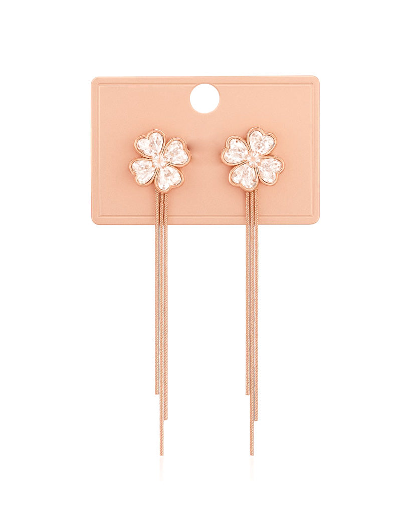 Rose Gold Flower Long Drop Earrings with Crystal Detailing