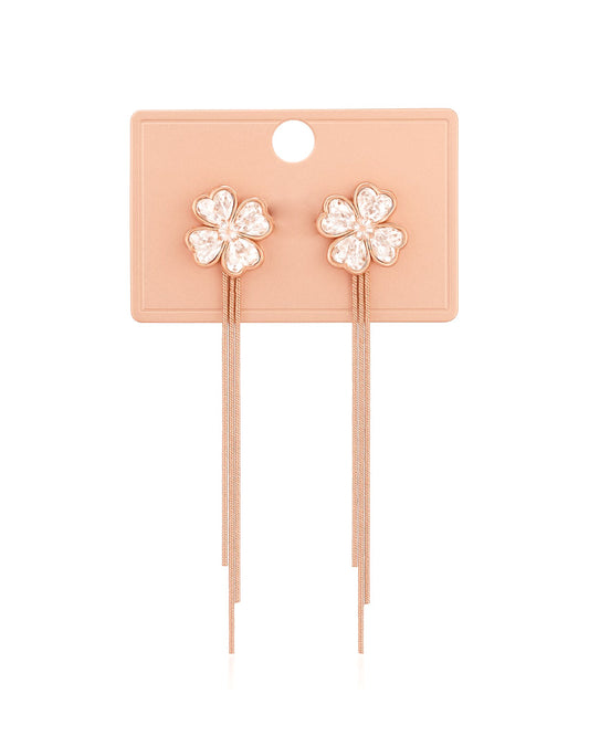 Rose Gold Flower Long Drop Earrings with Crystal Detailing