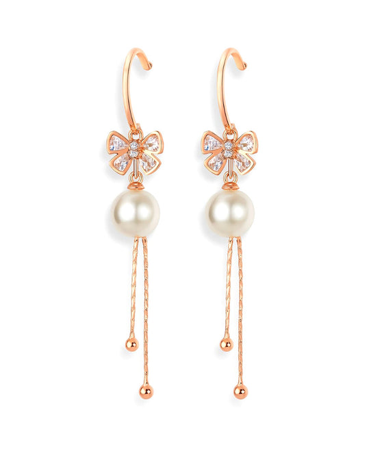 Rose Gold Bow Drop Earrings with Pearl and Crystal Accents