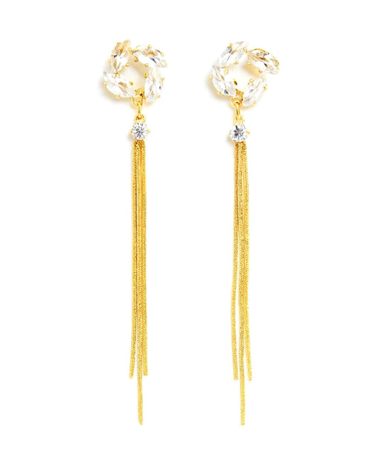 Gold Plated Long Tassel Earrings with Crystal Studs
