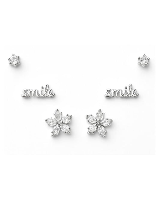 Silver Plated Earring Set with Smile and Floral Studs