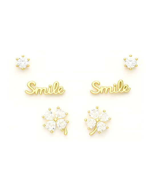 Gold Plated Earring Set with Smile and Floral Studs
