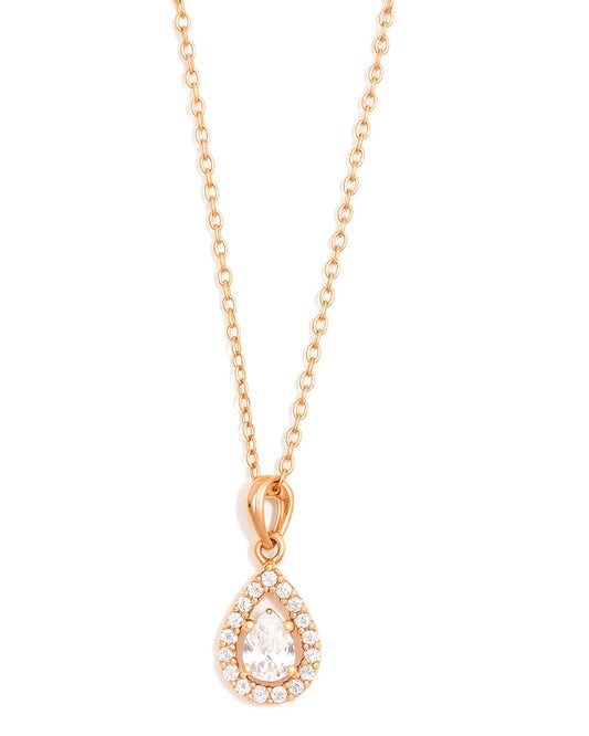 Rose Gold Teardrop Pendant Necklace with Halo Crystals