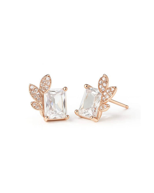 Rose Gold Leaf Stud Earrings with Sparkling Crystal Centerpiece