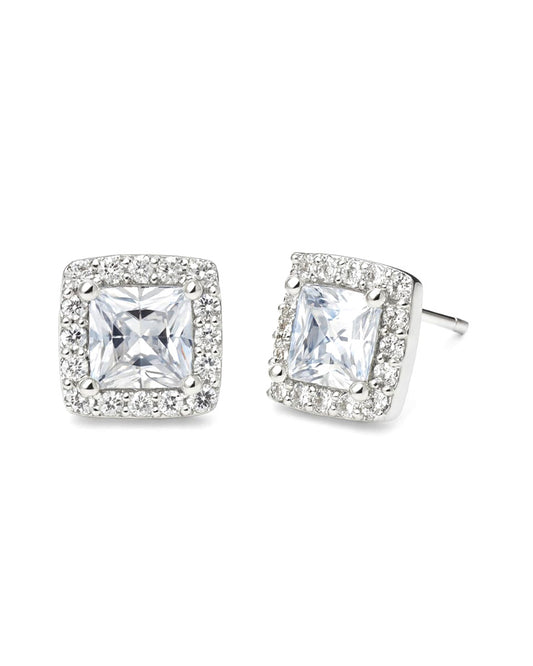 Square Crystal Stud Earrings with Sparkling Halo in Silver Tone