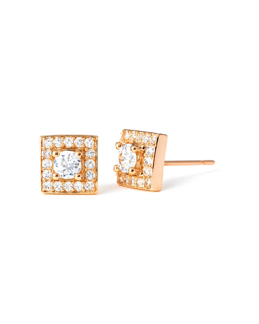 Rose Gold Square Stud Earrings with Sparkling Crystal Cente