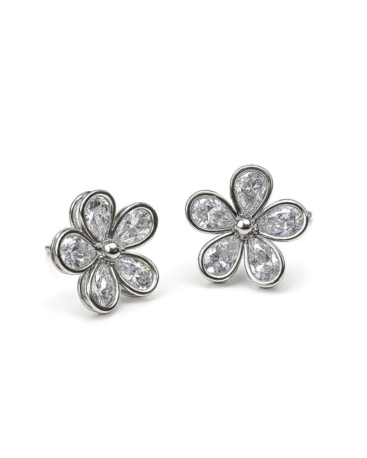 Sparkling Crystal Flower Stud Earrings in Silver Tone