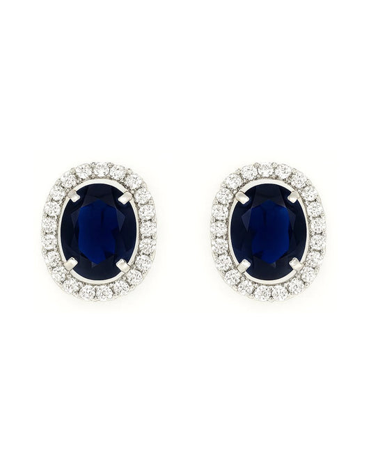 Classic Oval Navy Blue Stud Earrings with Crystal Halo