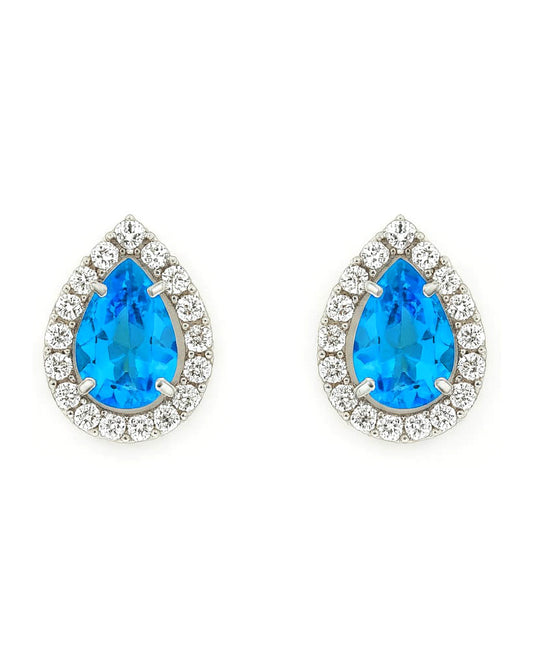 Teardrop Blue Crystal Stud Earrings with Sparkling Diamond Halo
