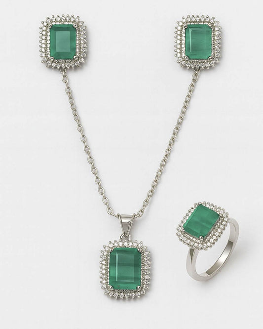 Luxury Emerald Green Necklace, Earrings & Ring Set – Silver Finish