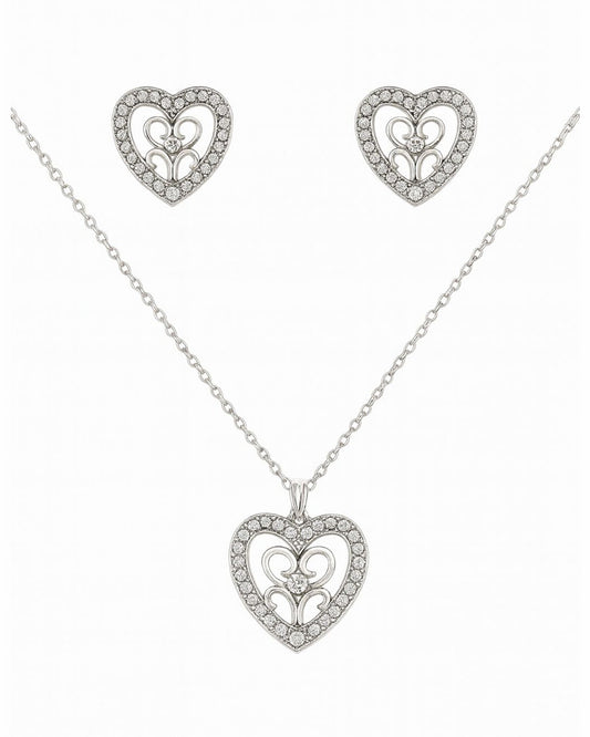 Sterling Silver Finish Heart Necklace & Earrings – Dazzling Crystal Design