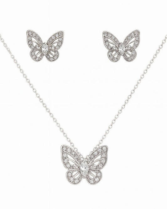 Luxury Silver Butterfly Jewelry Set – Crystal Necklace & Earrings