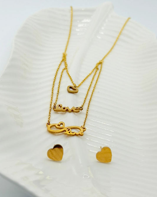 Romantic Gold Love Necklace with Heart Stud Earrings