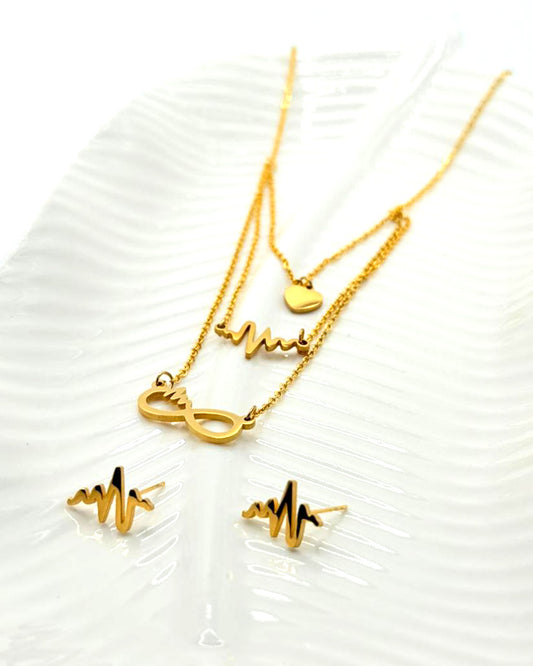 Trendy Gold Heartbeat and Infinity Jewelry Set – Double Layer Necklace